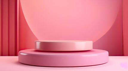 Cosmetic product presentation stage, Cylindrical pedestal on pink background. Abstract small scene with geometric shapes. 