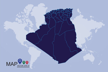 High Detailed Blue Map of Algeria isolated on white background. Vector illustration eps 10.Algeria map filled with light blue gradient. High resolution. Mercator projection. - Vector