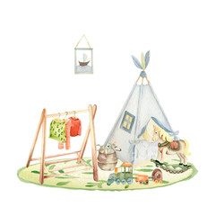 Fototapeta premium Child room in boho style ore scandinavian style. Design of Child room. 