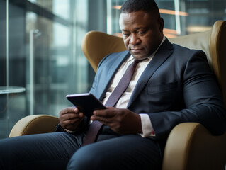 A Black businessman in a suit sitting down reading a book