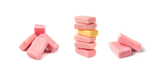 Fruit Chews Isolated, Pink Chewable Candies, Fruit Chew Candy Pile, Square Taffy, Colorful Gummy...