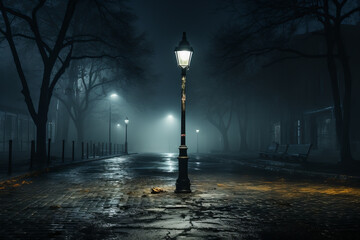 Lone streetlamp in a foggy urban setting, Generative AI