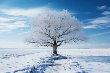 Fototapeta na wymiar Lone tree in a snow-covered landscape, Generative AI