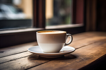 White Coffee Cup with Foam on a Wooden Table Overlooking a Street
