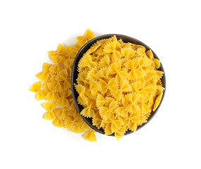 Raw Farfalle Pasta Isolated, Yellow Dry Noodles, Wheat Bow Macaroni, Uncooked Farfalle Top View
