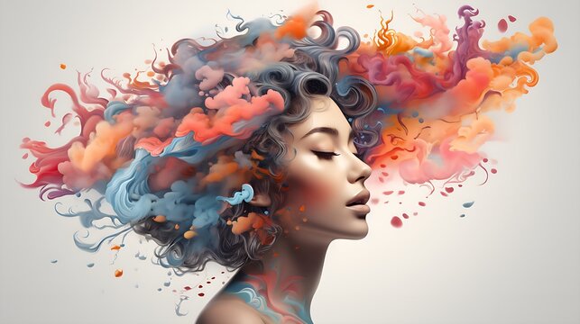 Mental health concept. Self care concept. Happy woman in paint splatter in heair.