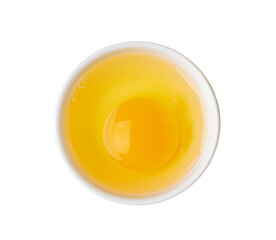 One Broken Egg in Small Bowl, Raw Yolk and White, Fresh Broken Organic Chicken Egg Isolated