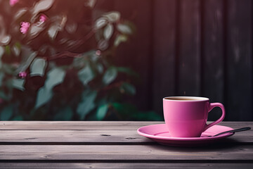 Pink Coffee Cup with Spoon on a Wooden Table Against a Black Fence