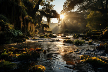 Majestic waterfall surrounded by lush foliage with the warm hues of golden hour, Generative AI