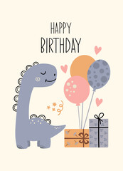 Naklejka premium Dino Happy Birthday quote. Cute dinosaur color vector character. Baby illustration of dino in cartoon style. Childish art for nursery, poster, textile and kids apparel.