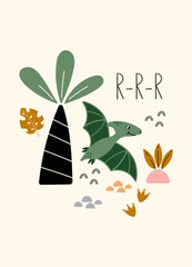 Dino Rrr quote. Cute dinosaur color vector character. Baby illustration of dino in cartoon style. Childish art for nursery, poster, textile and kids apparel.