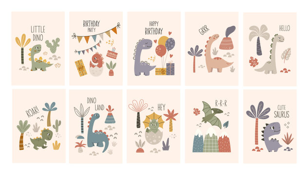 Set of dinosaur cards. Dinosaur vector illustration. Dino lettering quotes, funny phrase. Cute cartoon dinosaurs on a light background. Happy Birthday cards collection with quote. © Jen