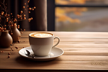 Warm Coffee with Latte Art on a Wooden Table by the Window