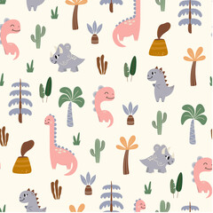 Seamless pattern with dinosaurs, volcanoes and palm trees on a light background. Hand drawn children's pattern for fashion clothes, shirt, fabric. Baby Dinosaur vector illustration.