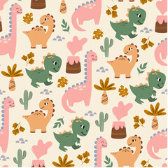 Seamless pattern with dinosaurs, volcanoes and palm trees on a light background. Hand drawn children's pattern for fashion clothes, shirt, fabric. Baby Dinosaur vector illustration.