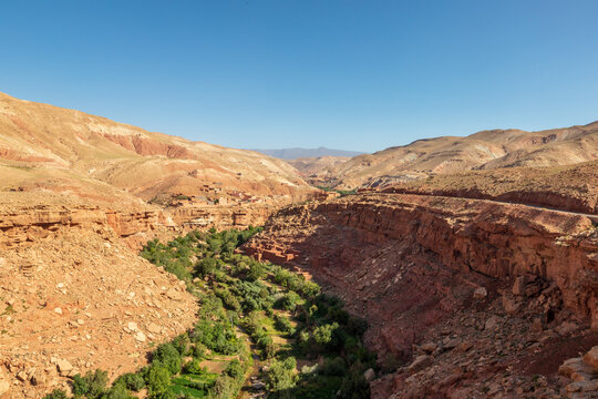 panoramic view of asif Ounila palm grove in high atlas mountains, morocco