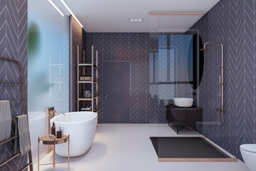 Fototapeta na wymiar Contemporary dark stylish bathroom interior with decortaive plant, glass and other objects. 3D Rendering.