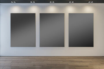 Fototapeta premium Modern museum or exhibition hall interior with clean illuminated black mock up frames on concrete wall and wooden parquet flooring. 3D Rendering.