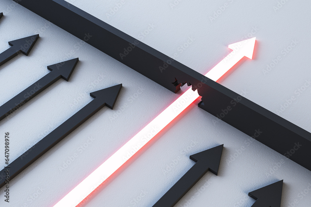 Poster abstract illuminated golden arrow breaking through wall on light background. leadership and breakthr