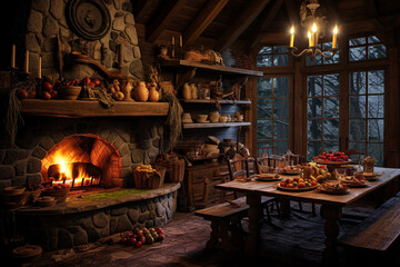 Fototapeta premium cozy cabin in the woods with a roaring fireplace and a Thanksgiving feast