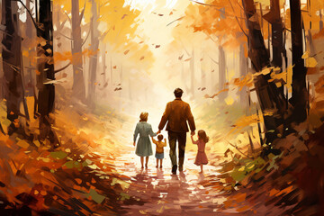 family taking a leisurely stroll through a peaceful autumn forest on Thanksgiving Day. AI generated