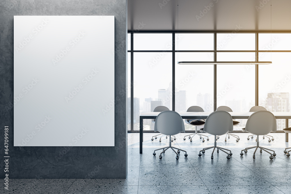 Poster modern light conference room interior with empty mock up poster on concrete wall, table, chairs, pan