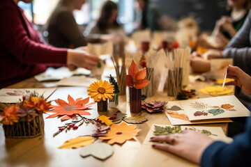 Thanksgiving-themed craft workshop where participants make handmade greeting cards. AI generated