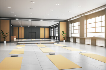 Modern group class in gym interior with yoga mats, mirror with reflections, window with city view and daylight. 3D Rendering.