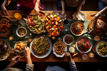 friends enjoying a Thanksgiving potluck dinner with a diverse spread of dishes