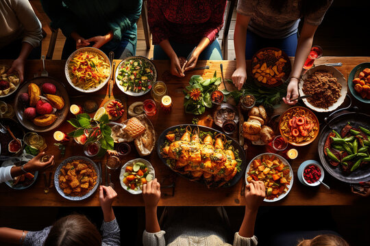 friends enjoying a Thanksgiving potluck dinner with a diverse spread of dishes