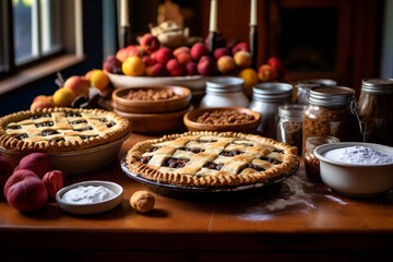 Thanksgiving baking session with pies, cookies, and a flour-covered kitchen. AI generated