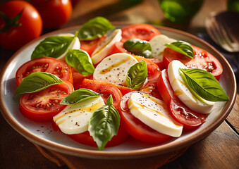 Caprese salad including mozzarella cheese and cherry tomatoes with basil on Table.Macro.AI Generative