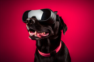 funny studio portrait of a dog wearing VR headset