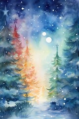 Watercolor magical forest with Christmas trees and glowing bokeh lights Generative AI