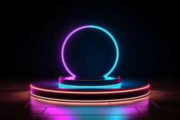 Symmetrical futuristic room with a neon circle podium, 3D space, and dramatic lighting for showcasing products. Made with generative AI technology - obrazy, fototapety, plakaty