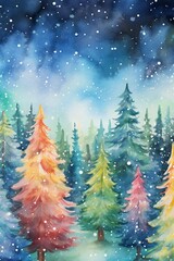 Obraz premium Watercolor magical forest with Christmas trees and glowing bokeh lights Generative AI