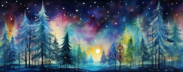 Obraz na płótnie Canvas Watercolor magical forest with Christmas trees and glowing bokeh lights Generative AI