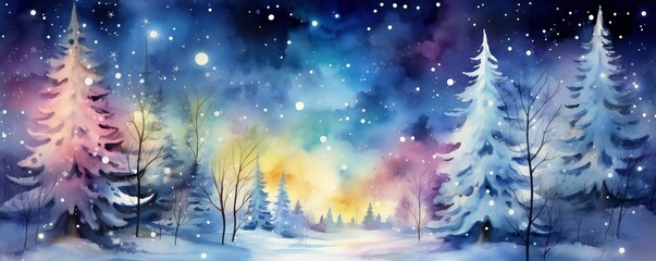 Watercolor magical forest with Christmas trees and glowing bokeh lights Generative AI