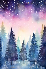 Obraz premium Watercolor magical forest with Christmas trees and glowing bokeh lights Generative AI