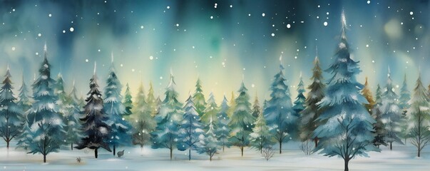 Watercolor magical forest with Christmas trees and glowing bokeh lights Generative AI