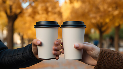 Coffee to go mockup, close up of hands holding  paper cups with coffee, couple hands hold blank coffee mugs with no print, no label, autumn park on background