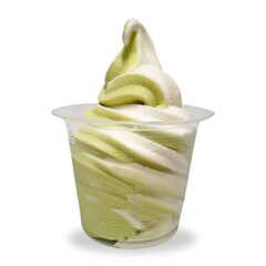 Soft serve ice cream in a transparent cup isolated on white background. Mix Matcha Green Tea Vanilla twist flavor. Cold and sweet dessert. Clipping path and copy space, no label for mock up design.