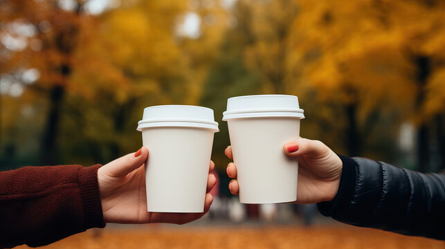 Coffee paper cup mockup, Close up photo of hands holding paper disposable mugs with hot drink, friends drink coffee in autumn park, blank coffee to go mugs with plastic lid, place for design branding