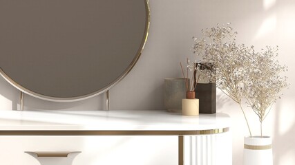 White retro, mid century style dressing table with round vanity mirror, drawer in sunlight on beige fabric texture wallpaper wall bedroom for luxury beauty, cosmetic, furniture product background 3D