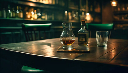 Fototapeta na wymiar Bar's Ambiance: Wooden Table Amidst Blurry Liquor Bar Setting