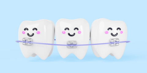 3d render teeth cartoon kawaii characters with metal dental braces. Cute smiling tooth with brackets and steel arch wire for orthodontic treatment and correction on blue background. 3D illustration