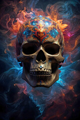 Colorful Abstract Skull Print on a Black and Prismatic Light Background