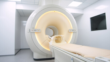 Medical CT, MRI or PET in a modern hospital laboratory. Technologically advanced and functional medical equipment in a clean white room.
