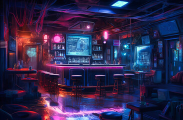 Cyberpunk Nightlife: Neon Bar in a Dystopian World