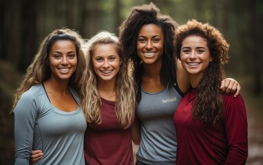 Fototapeta premium A diverse group of friends posing together before jogging in the park. generative ai